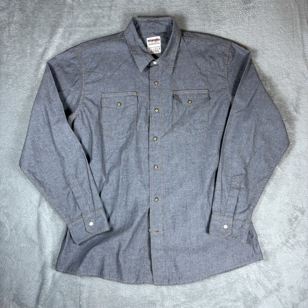 Wrangler‎ Authentics Shirt Mens XL Indigo Blue Denim Pearl Snap Long Sleeve